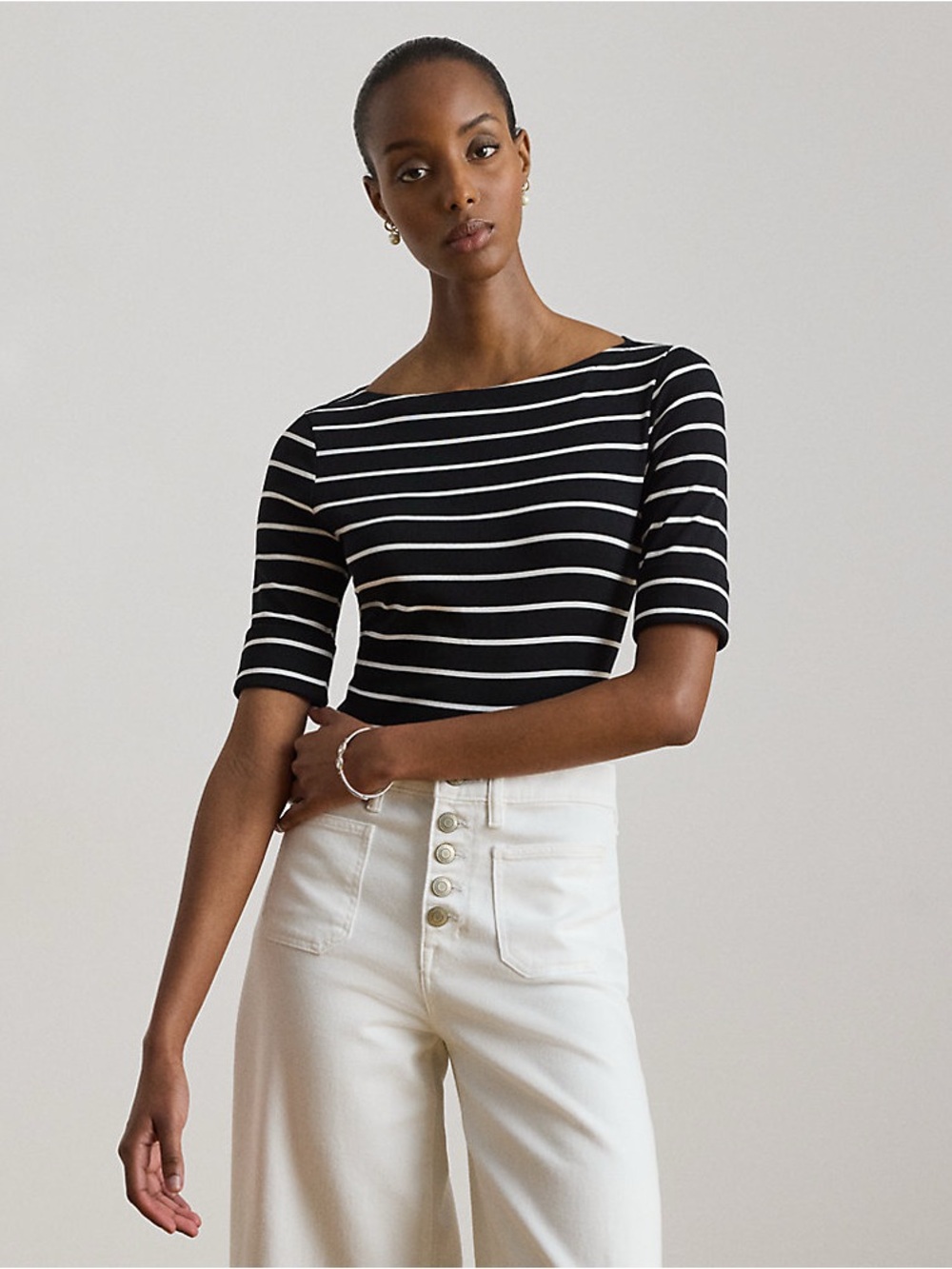 Lauren | Ralph Lauren Striped Cotton Boat Neck Top | Black & White Stripe | M